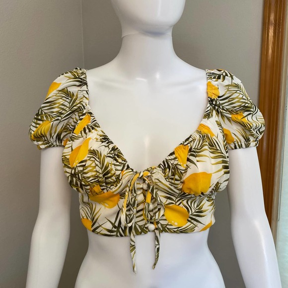 Princess Polly Tops - Princess Polly Tropical Lemon & Palm Leaf Smocked Crop Top Size 4